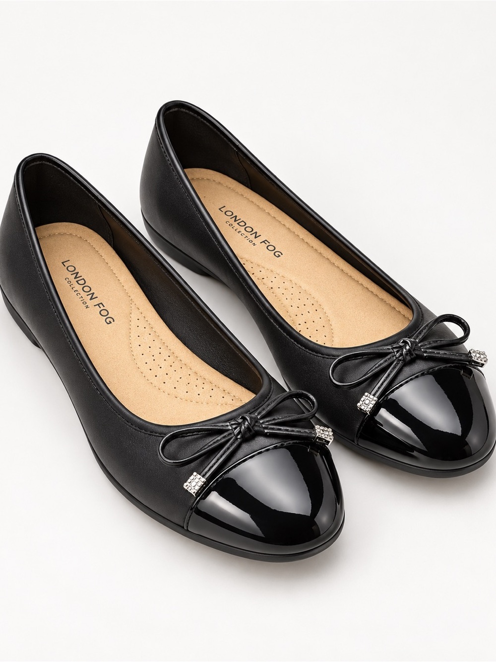 London Fog Black Ballet Flats with Patent Toe and Bow
